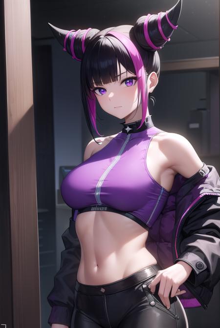 jurihan, <lora:jurihan-lora-nochekaiser:1>,
juri han, asymmetrical hair, black hair, (diagonal bangs:1.5), hair horns, medium hair, multicolored hair, (purple eyes:1.1), pink hair, two-tone hair,
BREAK black collar, chinese clothes, collar, crop top, navel, spiked collar, spikes, pants, baggy pants,
BREAK indoors,
BREAK looking at viewer, (cowboy shot:1.5),
BREAK <lyco:GoodHands-beta2:1>, (masterpiece:1.2), best quality, high resolution, unity 8k wallpaper, (illustration:0.8), (beautiful detailed eyes:1.6), extremely detailed face, perfect lighting, extremely detailed CG, (perfect hands, perfect anatomy),