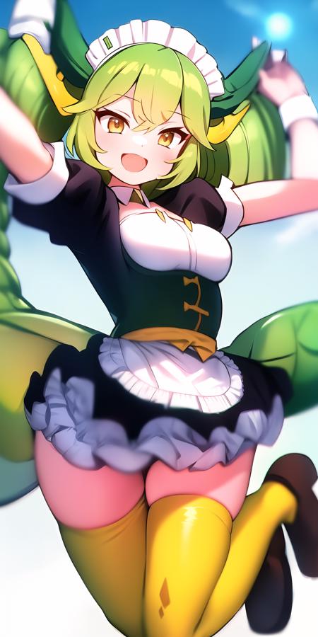 <lora:DragonmaidParlor:0.8>, (masterpiece, best quality, highres), dragonmaid_parlor, green hair, orange eyes, yellow thighhighs, happy, jumping, sun, blue sky, solo, open mouth, looking to the side:1.5, dragon tail, maid uniform