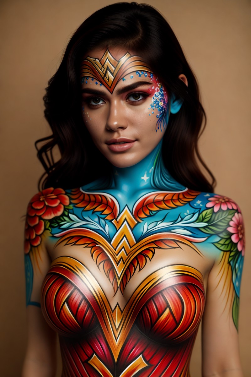 (((Ultra-HD-quality-details))) 1girl, colorful-ww-body-painting, huge breasts, cleavage , long hair, looking at viewer <lo...