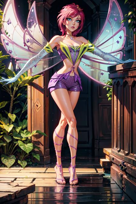 Tecna pink hair, blue eyes, short hair, fairy wings, purple outfit, sparkling clothing 