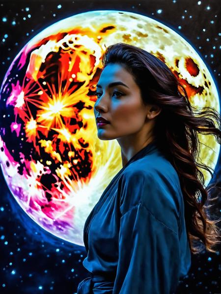 (Glowing ambiance, enchanting radiance, luminous lighting, ethereal atmosphere, mesmerizing glow, evocative hues, captivating coloration, dramatic lighting, enchanting aura), ink painting, ((moon:1)), (masterpiece, top quality, best quality, official art, beautiful and aesthetic:1.2), 1girl, extreme detailed, (joshua middleton cover art:1.1), (Action painting:1.2), (concretism:1.2), theater dance scene, (hypermaximalistic:1.5), colorful, highest detailed,