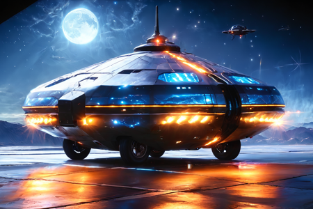 bioluminescent, a hovering sedan with smooth lines, floating wheels, solo, solar panels, sleek integration, space station hangar, metallic walls, stars visible, detailed background, landing on a platform, thrusters cooling, lights dimming, environment focus, wide shot, a futuristic beacon, glowing softly, on the road, best quality, rich colors, photorealistic style, high detail, high-definition, hyper-realistic, extremely high-resolution details, fine texture, incredibly lifelike, realistic, not fantasy, not anime, not drawing, highres, 4K resolution, source photo, realistic photo, masterpiece, best quality, amazing quality, very aesthetic, ultra-detailed, detailed surfaces, natural metallic tones, soft lighting, stealth black, matte finish, soft light, medium shot, <lora:Mystic_Lumina_r1-000007:1>
