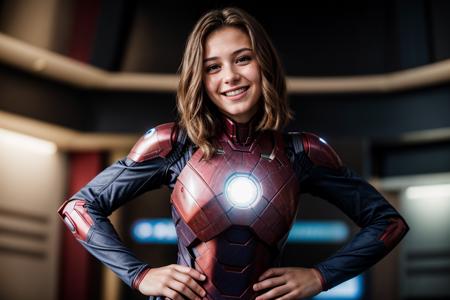 marvel movies,photo of a 18 year old girl,ironman,happy,laughing,hands on hips,looking at viewer,ray tracing,detail shadow,shot on Fujifilm X-T4,85mm f1.2,sharp focus,depth of field,blurry background,bokeh,lens flare,motion blur,<lora:add_detail:1>,