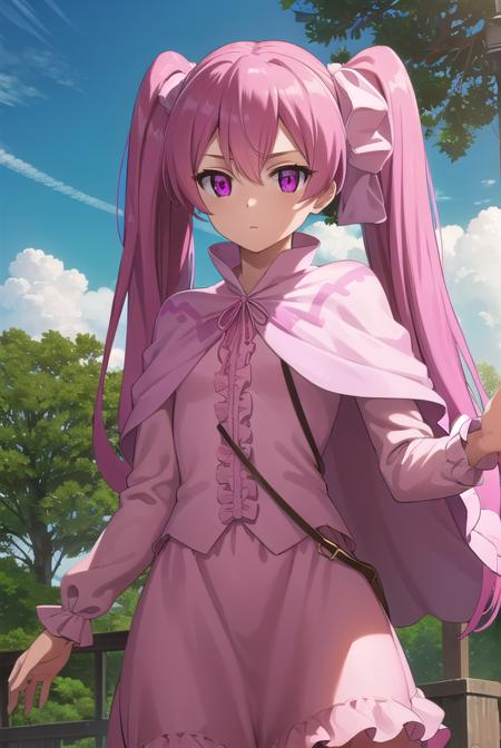 agkmine, <lora:agk mine s1-lora-nochekaiser:1>,
mine, long hair, twintails, pink hair, (pink eyes:1.3),
BREAK dress, pantyhose, pink dress, capelet, pink capelet, pink skirt, skirt, long sleeves,
BREAK outdoors, nature, forest, trees, grass, sky, clouds,
BREAK looking at viewer, (cowboy shot:1.5),
BREAK <lyco:GoodHands-beta2:1>, (masterpiece:1.2), best quality, high resolution, unity 8k wallpaper, (illustration:0.8), (beautiful detailed eyes:1.6), extremely detailed face, perfect lighting, extremely detailed CG, (perfect hands, perfect anatomy),