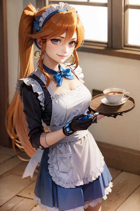 (masterpiece, best quality:1.2), <lora:aa_cykes-10:0.8>, solo, 1girl, athena cykes, smile, holding tray, orange hair, maid headdress, frills, maid uniform, maid apron, single glove, partially fingerless gloves, single earring, crescent earrings