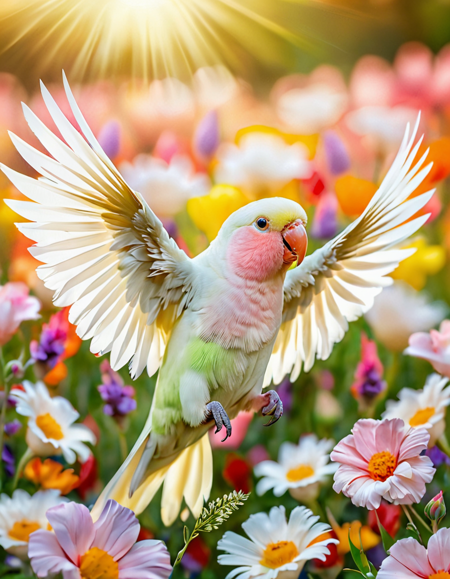 Realistic photograph, Movie light, film grain, 4K, Best quality, A vibrant close-up shot of a joyful a beautiful bird albino rosy-faced lovebird with pure white feathers and glowing red eyes flying through a colorful field of flowers. The flowers around the bird are in full bloom, with a mix of vivid pinks, yellows, and purples, blurring slightly as the cat races by. Each flower adds to the beauty of the scene, creating a dreamy, magical atmosphere. The sunlight catches the bird fur, adding a warm glow to the image, while the soft background keeps the focus on the lively, playful moment. The image perfectly captures the spirit of freedom and happiness in nature. <lora:vgita:1> bird,