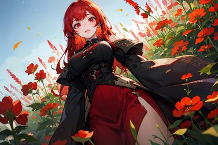 sleeve cuffs, (red eyes:1.2), flower field background, red hair, swept bangs, gigantic breasts, from below, 1girl, solo,