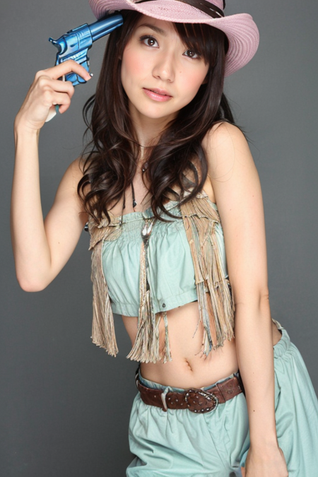 yuko, 1girl, solo, long hair, brown hair, hat, holding, brown eyes, weapon, holding weapon, gun, holding gun, handgun, realistic, cowboy hat, revolver, cowboy western, gun to head