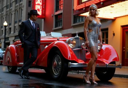 37_B3nZ_R0@d5t3r, low-angle front three-quarter view of the 37_B3nZ_R0@d5t3r parked beneath a flickering streetlamp in a shadowed alley beside a grand art deco theater, cherry red paint glistening with raindrops, chrome grille and sculpted fenders catching fractured reflections from neon signage overhead. A tall, sharply dressed mobster leans casually against the open driver’s side door—black pinstripe suit, double-breasted overcoat slung over his shoulders, fedora casting a shadow over his eyes, one hand tucked into his coat pocket, the other resting on the windshield. Standing against his side, a glamorous blonde woman in a shimmering silver flapper dress with fringe that dances around her thighs stands confidently in T-strap heels, her short curls pinned beneath a sequined headband, one hand on her hip and the other resting lightly on the 37_B3nZ_R0@d5t3r, her gaze cool and knowing as the city pulses around them in slick, cinematic tension.