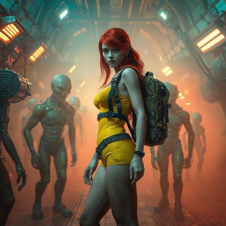 hyper-realistic, other world, futuristic technology, thick fog, otherworldly ambiance, lights, beams, vibrant chromatic-red rust highlights, metal architecture, stark contrast, mechanical elements, themes of dark arts, horror watchers, control, gradient background, yellow to orange to teal, warm-uncomforting blend, solitary traveller, red hair, hypper detailed beautiful women wearing skin tight yellow body suite and backpack boots and shorts, facing the viewer, facing forward, in a defensive pose, intricate paths, resilience, highly textured surfaces, wear, aged, detailed green 6 foot sleestaks in the background fog and all around in the shadows, 3D Game Cinematic Feel, Epic 3D Videogame Graphics, Intricately Detailed, 8K Resolution, Dynamic Lighting, Unreal Engine 5, CryEngine, Trending on ArtStation, HDR, 3D Masterpiece, Unity Render, Perfect Composition
