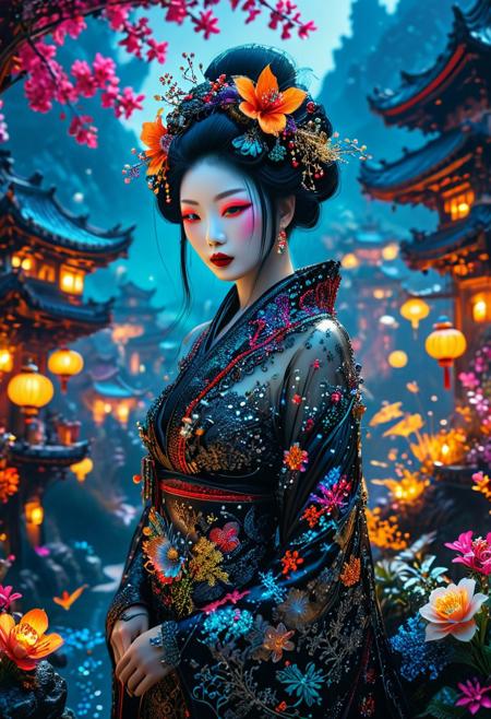 A professional photograph featuring a gothic geisha with whimsical elements, set within an enchanting and eerie fairytale landscape adorned with sparkling crystals and vibrant flowers. The scene presents an impressive and fantastical cyberpunk art concept, rich with intricate details. It is trending on ArtStation, recognized as a masterpiece in 8k resolution. The composition is enhanced by a magical glow, featuring internal illumination that adds a sense of magic and fantasy, with glowing, colorful accents throughout.