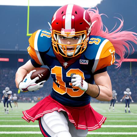 anime girl football player wearing light blue and white football uniform, (shoulder pads), pink hair, (football pads), sports anime, american football, long flowing hair, (large anime eyes), gridiron, (long hair), sportswear, shoulder pads, ((football helmet)), perfect hands, feminine, ladylike, womanly, beautiful face, ((helmet face mask bars covering lower face)), american football object,speed flex helmet, sailor school girl uniform, bow tie, sailor skirt, football pants, gloves, long socks, jersey numbers, anime aesthetic, realistic proportions, tackle football, masterpiece, best quality, realistic shaded, perfect face, fine details, perfect lighting