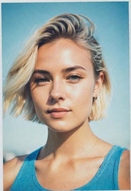 polaroid photograph Color i-Type Film, portrait, 1 girl, blonde, short hair with small braids, perfect eyes, pointed jaw, sky blue cropped tank top, white wall in the background, natural light.