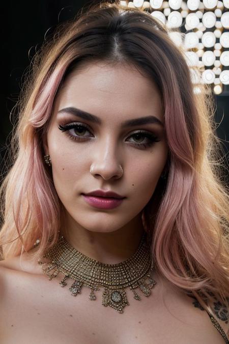 (a cute girl, 22 years old, pale skin ,  pink hair ,skinny:1.1),(big boobs , small nipples, Colombian hipster girl, edgy vibe, dark, mascara, eyeliner, dark cheeks, expressive lips, Unique facial piercings, alluring necklace, stylish sexy streetwear, alluring thighs, aesthetic tattoos on her body, almond shaped eyes, Dimples, strong eyeliner eyes ,Defined jawline, skin pores )