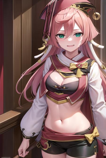 yanfei, antlers, horns, pink hair, long hair, hair between eyes, (green eyes:1.5), black bra, black shorts, boots, bow, bra, high heels, long sleeves, midriff, navel, red headwear, red skirt, red vest, shorts, skirt, two-tone footwear, vest, yellow bow,