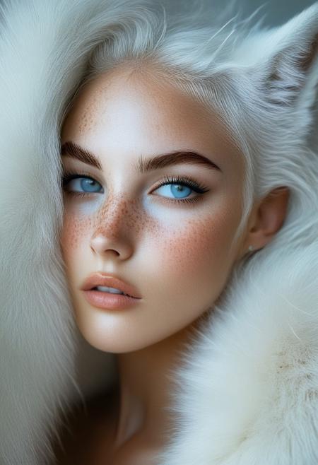The image is a hyper-realistic digital artwork created in a photorealistic style, focusing on a close-up portrait of a young woman with striking, ethereal features. She has pale, almost translucent skin with a subtle, delicate scattering of freckles across her cheeks and nose. Her piercing, almond-shaped eyes are a striking light blue, almost glowing in the soft, ethereal lighting. Her hair is platinum blonde and wild, cascading over her face and shoulders, blending into the white fur of a large, mystical-looking white fox that wraps around her face and neck.rockabilly style, realistic, 1girl, looking at viewer, wolf, slit pupils, animal, close-up, solo, white hair, portrait, 1950's
