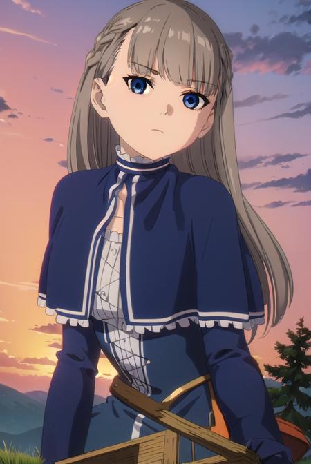 lawine, <lora:lawine-alpha-lora-nochekaiser:1>,
lawine, long hair, bangs, blue eyes, brown hair, braid, low-tied long hair,
BREAK long sleeves, dress, frills, capelet, blue dress, blue capelet,
BREAK outdoors, forest, nature, grass, sky, sun, clouds,
BREAK looking at viewer, (cowboy shot:1.5),
BREAK <lyco:GoodHands-beta2:1>, (masterpiece:1.2), best quality, high resolution, unity 8k wallpaper, (illustration:0.8), (beautiful detailed eyes:1.6), extremely detailed face, perfect lighting, extremely detailed CG, (perfect hands, perfect anatomy),