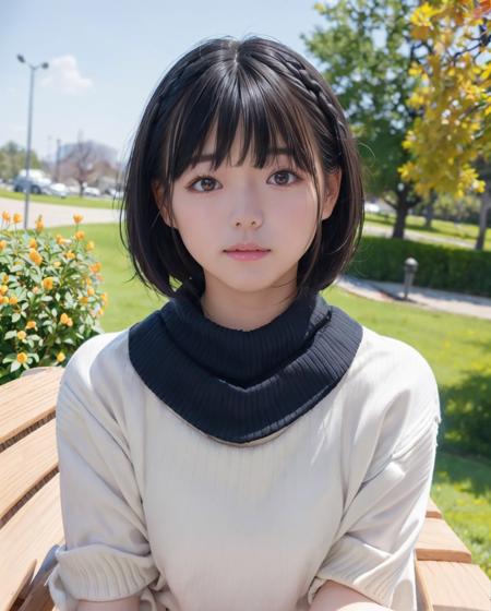 pureerosface_v1:0.3, best quality, photorealistic, 8k, high res, full color, 1girl, woman, 20 years old woman, (closed mouth:1.75), (skindentation), (portrait:0.6), trees, park bench, daylight, ((park background:1.52)), full color, ((necksweater:1.68)), looking at viewer:1.8, (1girl eyes looking at viewer:1.55), (short-length hair, blackhair, partedbangs:1.45), (bokeh), <lora:AAG-hazuki:0.7>