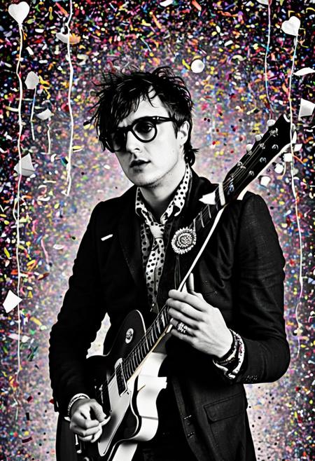 punk rock collage of peter doherty of the libertines, julian Casablancas, indie sleaze, with flowers and confetti falling from above, guitar in his hands and a big polka dot button up shirt, glasses, pompadour, rockabilly, hooligans, United kingdom, England, flag of st peter, (the smiths), post punk, goth, the cure, Robert smith, London,  pastiche