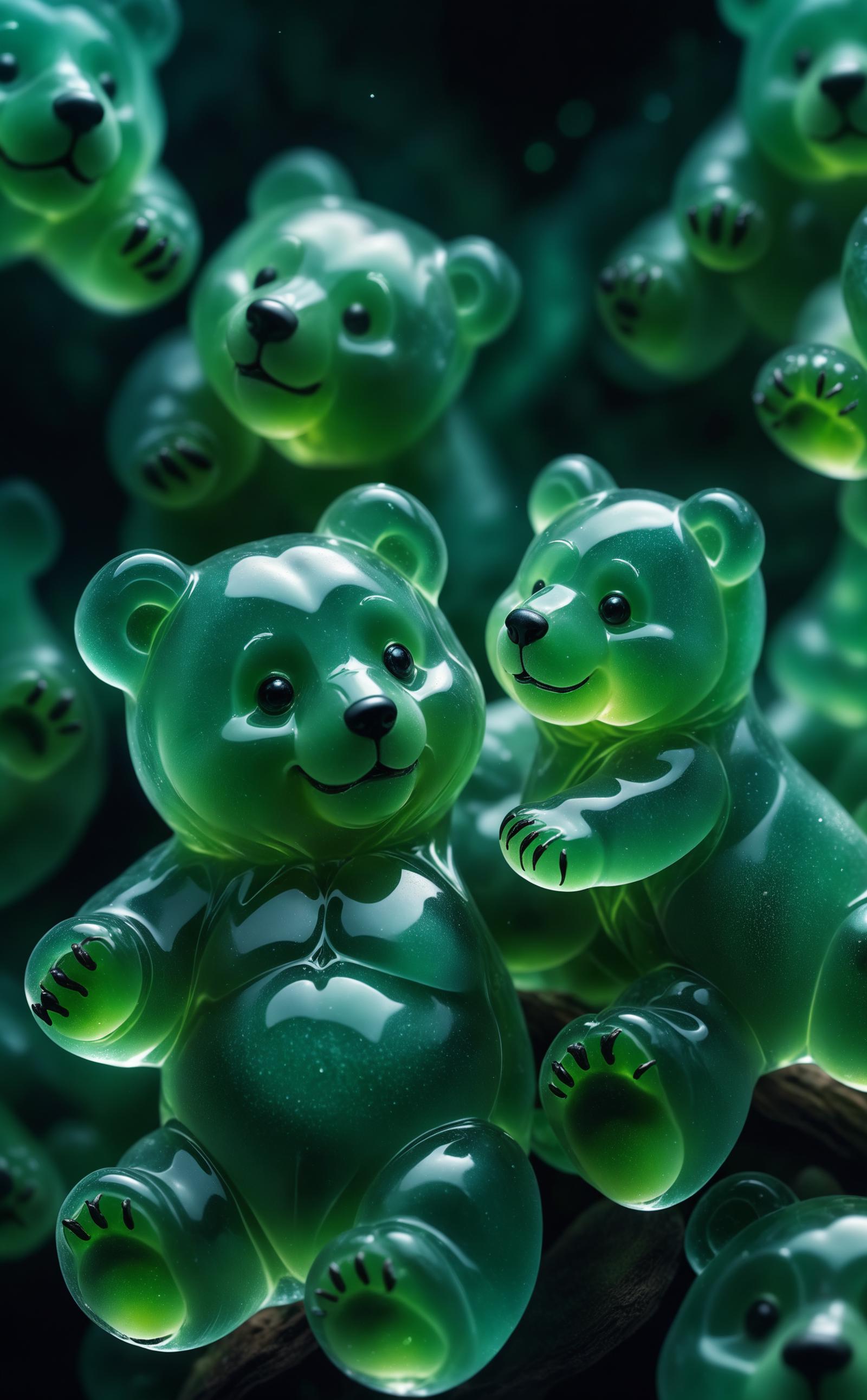 A group of green teddy bear toys with black eyes.