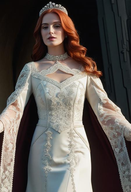 (ZARIMAN:3), (dadsa:2.9), (masterpiece), (illustration), (castle), (pale skin), (grace lady), jewelry-tiara, //ruby_deep-orange hair, long_wavy hair//, //shiny-green eyes//, nose, (shiny lip), closed mouth, //gray long lace dress//, //white garter, elbow gloves, royal_cape//, looking at viewer, standing, close-up, <lora:conceptSceneryScene_v10:0.7>, add-detail-xl, <lora:add_detail:1>, censored, puffy sleeves, closed dress, beautiful high-neck top, fully dressed,