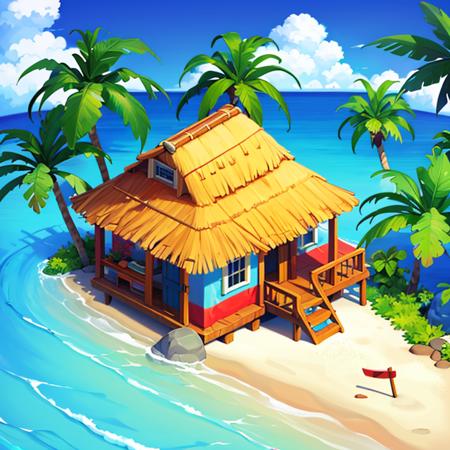 ((masterpiece,best quality)), absurdres <lora:Isometric_Setting:0.7>, Isometric_Setting, tropical beach and palm trees, tiny hut, ocean in background,