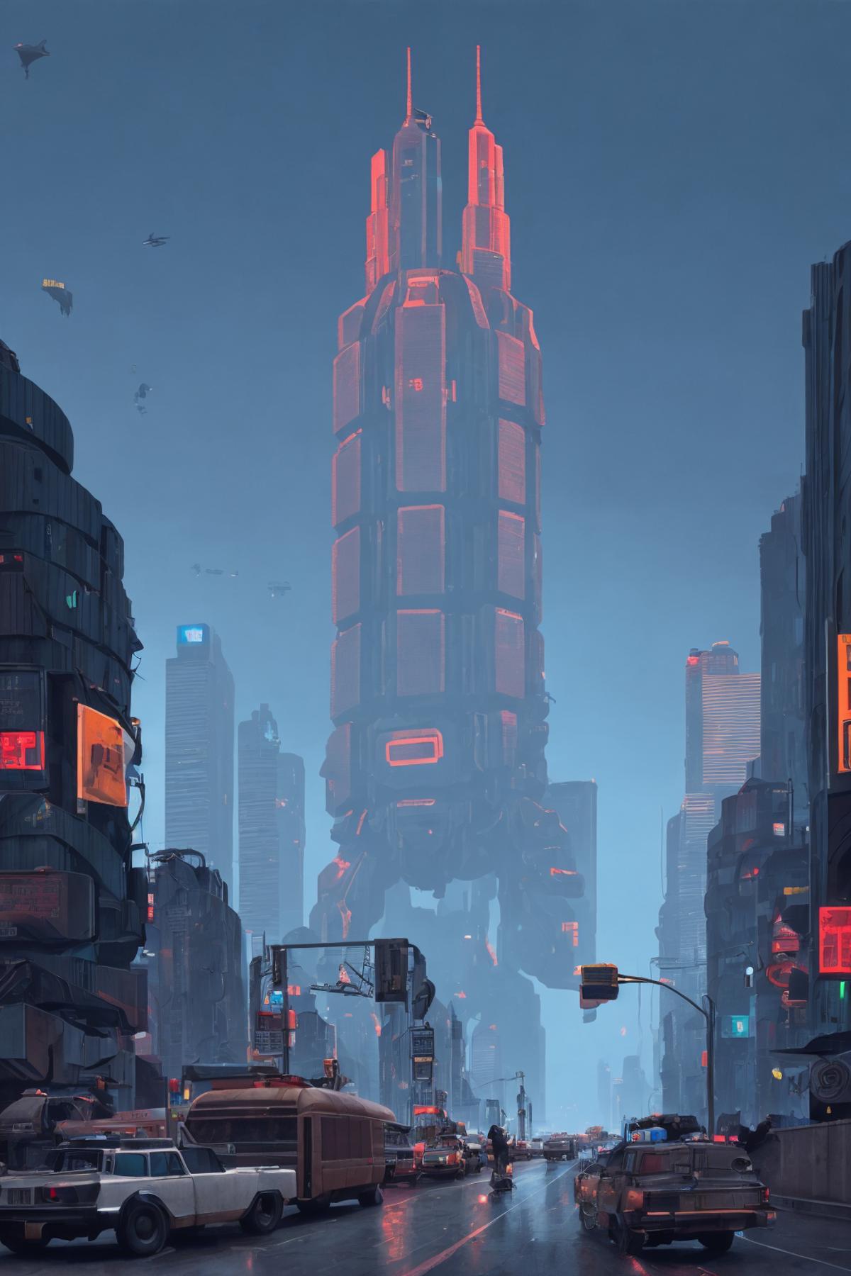 Futuristic Cityscape with Neon Lights and Giant Tower at Night