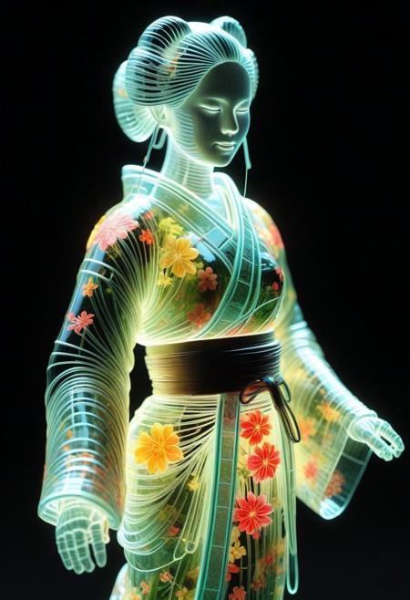<lora:World_of_Glass_Filament:0.6> made of, tiny neon (glass:1.1) filaments, w0gf1l, Android, geisha, with robotic parts, in flowery kimono, Intricate details, 8 k, cinematic <lora:sss:0.8> subsurface scattering, sss <lora:envyStarlight_v10:0.8>