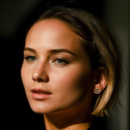 Realistic photo of a beautiful j3nn1f3rl-v2 woman,   1girl, looking at viewer, short hair, blonde hair, jewelry, earrings, parted lips, solo focus, mole, blurry, lips, makeup, blurry background, piercing, portrait, realistic, mole on cheek, soft lighting, professional Photography, Photorealistic, detailed, RAW, analog, sharp focus, 8k, HD, DSLR, high quality, Fujifilm XT3, film grain, award winning, masterpiece<lora:j3nn1f3rl-v2:1.0>