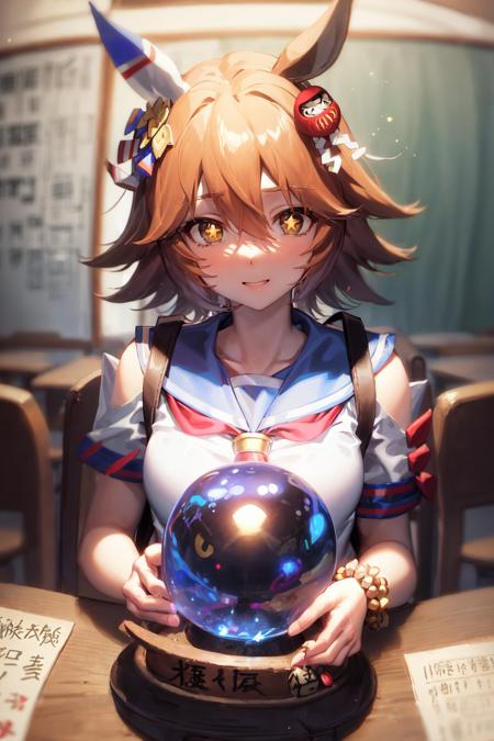 masterpiece, best quality,
matikanefukukitaru \(umamusume\),
upper body, big crystal ball, crystal ball on table,
school uniform, serafuku, blue sailor collar, clothing cutout, shoulder cutout, short sleeves, white shirt, red neckerchief, backpack, bead bracelet, maneki-neko,<lora:matikanefukukitaru_loha:0.8>