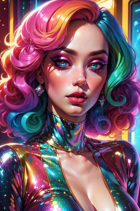 highly detailed hyper real retro, trending on artstion, pastel deep colours, disco, breathtaking render, disco elysium style, a woman with bright hair and colorful makeup, james jean aesthetic, beautiful detailed faces, cp2077, inspired by Lisa Frank,  <lora:Colorfull_art_style:0.5>