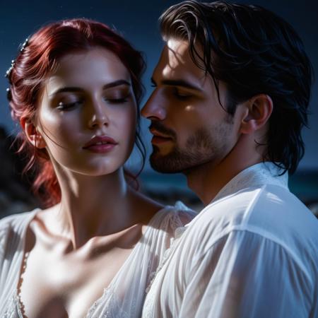hetero couple, (a woman, 1girl, goddess, pale, medium breasts, with blood red hair, 23 year old, blue eyes, beautiful, ethereal features, flowing nighty), cuddles a man, (1boy, god, olive skin, onyx black hair, short hair, short black beard, hairy chest, 23 years old, handsome, stoic features, square jaw, ethereal features, nude, green eyes, a look of tender love on his face as he looks at her), on a rocky shore, under the moon, holding each other, kissing each other lovingly, ultra HD, 8 k, natural lighting, black pupils, best quality, complex details, perfect teeth, photorealism, wide angle, focus on woman,
