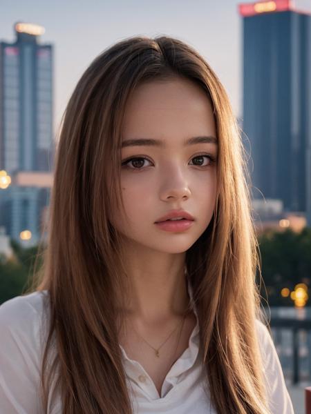 a close-up photo of 1girl, <lora:karnaval_v1c:0.9>, Karnaval, long hair,  cityscape of Tokyo, cozy, sunset, bokeh, depth of field, <lora:add_detail:0.7>, <lora:FilmVelvia3:0.3 >, <lora:real_skin:0.4>