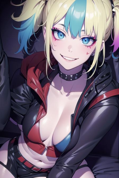 harley quinn, bangs, blue eyes, blonde hair, twintails, blue hair, multicolored hair, choker, gradient hair, makeup, piercing, pink hair, lips, lipstick, red lips, thighhighs, gloves, navel, cleavage, jewelry, jacket, open clothes, shorts, black gloves, midriff, black thighhighs, fingerless gloves, collar, bracelet, open jacket, black jacket, crop top, torn clothes, short shorts, tattoo, chain, spikes, cropped jacket, spiked bracelet, spiked collar, micro shorts, multicolored jacket,