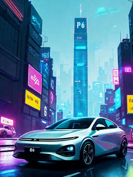 XPeng P6, a silver car on road. High quality picture. Detailed picture. Masterpiece. ArtStation. A high resolution. , neon lights , dystopian city , hackers , by Josan Gonzalez , Simon Stalenhag , 0.8Maciej Rebisz , Mike Winkelmann (Beeple) , Darek Zabrocki <lora:xpeng_v1.2:0.8>