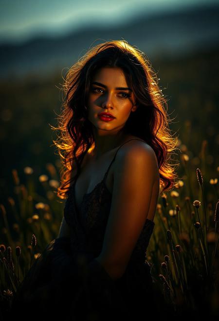 Photography by Philippe Halsman and Huda Lutfi. A beautiful woman poses on a dark luminescent meadow with shadow art. Alluring, 8K, UHD, masterpiece, highly detailed, delicate details, realistic, perfect composition, natural light, cinematic. Radiating irresistible charm from head to toe. Octane render, trending on Artstation.