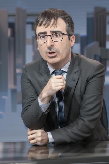 <lora:john_oliver_v1.1:1>, man sitting at desk, glasses, john oliver, angry, shouting, arms up, gesticulate, gesture, hand gesture