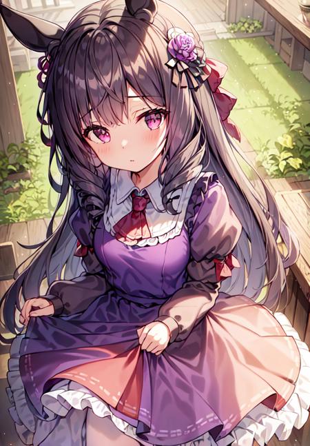 ((masterpiece, best quality)),
,Daiichi Ruby,horse_ears,red_eyes, (purple_dress,purple_skirt), long_skirt,flower, frills, hair flower, interlocked fingers, long sleeves,own hands together, puffy sleeves, red flower, solo, white pantyhose,white legwear,small_breasts,
 looking at viewer, ((View from a little higher up)),(Quiet expression),stand,
 <lora:Daiichi Ruby_v1:0.7:ALL1>