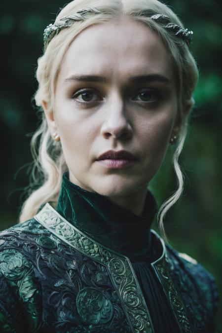 A stunning intricate full color up close face portrait of olc , dressed in a green game of thrones outfit, epic character composition, by ilya kuvshinov, alessio albi, nina masic, sharp focus, natural lighting, subsurface scattering, f2, 35mm,<lyco:OliviaCooke-RealVision-V1.0:1.0>