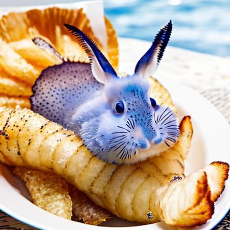 a blue jorunna sea bunny eating a french fry at wendy's  <lora:seabnuuy-000160:0.8>