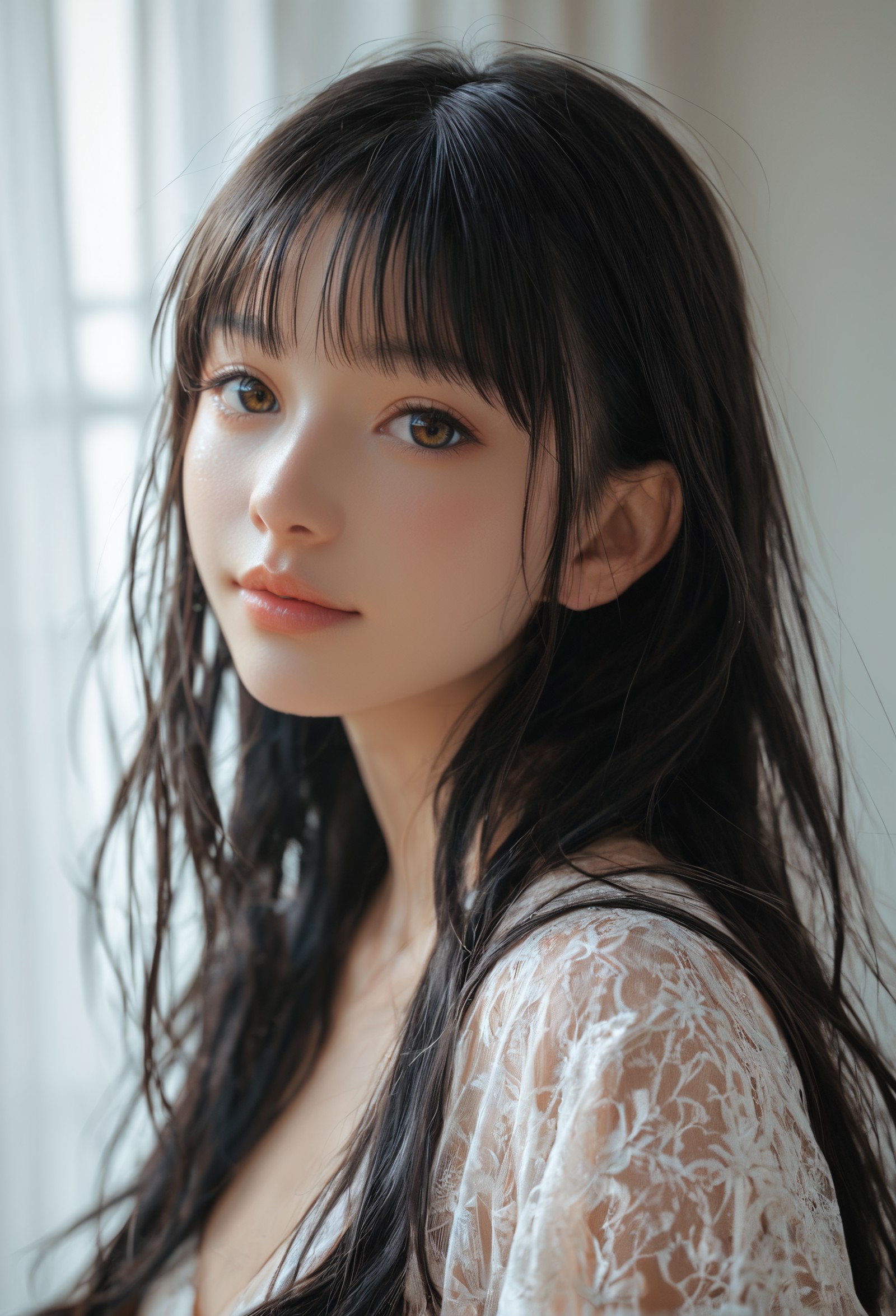 Close-up details, realistic style photo Japanese young woman, black hair, long hair, outstanding style, tall, cute, in her...