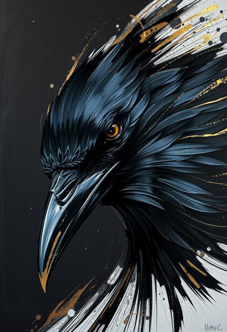A hyper-stylistic, extremely detailed image depicts a breathtaking painting, crafted from a combination of smeared black and gold metallic paint. A crow's head is captured in a streaked motion, as if it is moving rapidly in one direction, its sleek features a blur of dynamic energy. The black paint is applied in bold, sweeping strokes, creating a sense of speed and agility that is contrasted beautifully by the golden accents. The gold paint is used to highlight the crow's eyes, adding a sense of depth and dimensionality to the image. The crow's feathers are depicted in a flurry of motion, as if they are ruffled by the wind. Every detail of the image is meticulously crafted, from the delicate, swirling patterns of the gold paint to the intricate, textured patterns of the black paint. The contrasts between light and dark, color and texture, create a sense of tension and energy that draws the viewer in, inviting them to explore the dynamic world of the crow. highest-Quality, intricate details, visually stunning, Masterpiece