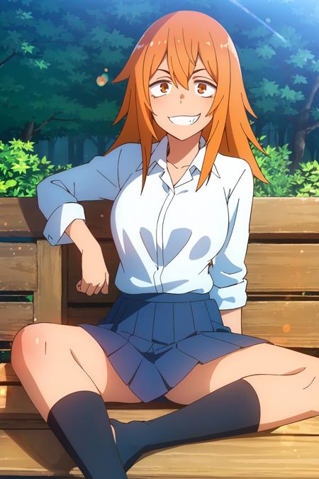 ,((best quality)),((highly detailed)),masterpiece,absurdres,detailed face,beautiful face,(detailed eyes, deep eyes),(1girl),((dynamic pose)), <lora:Gamo_ChanV1.3:0.7>,gamo, skirt, orange hair, shirt, socks, sitting, white shirt, school uniform, blue skirt, long hair, multiple girls, smile, orange eyes, pleated skirt, 2girls, outdoors, solo focus, kneehighs, collared shirt, holding, long sleeves, grin, day, 1girl, breasts, bangs, sleeves rolled up