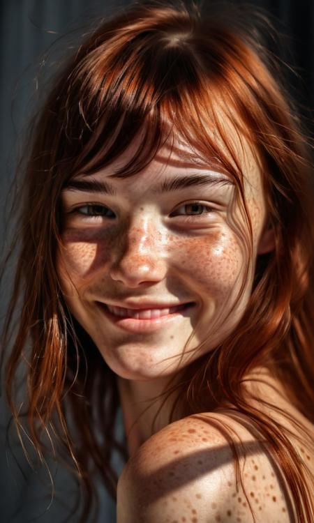 A stunning portrait of a radiant woman, her luminous smile and soulful hazel eyes captivating the viewer, a constellation of freckles dusting her skin like stardust, In the soft embrace of light, she emerges: a vision of loveliness framed by the inky curtain of her bangs, her features painted in bold strokes of shadow and highlight, "Gaze upon her," the photographer murmured, "and witness the alchemy of beauty - individual elements harmonizing into a symphony of grace, each freckle and lash rendered in exquisite detail.", Philosophers have long pondered the nature of beauty; in her visage, one might find an answer - a distillation of charm, confidence, and quiet allure, immortalized in the hyperrealism of the lens, Through the ages, portraitists have strived to capture the essence of their subjects. Here, in the interplay of smile and shadow, freckle and flair, an eternal archetype of beauty finds fresh expression