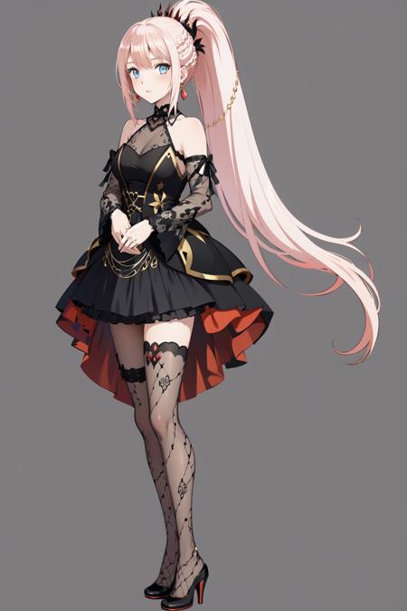 masterpiece, best quality, (colorful), shionne, 1girl, solo, long hair, breasts, looking at viewer, hair ornament, thighhighs, long sleeves, dress, bow, jewelry, very long hair, standing, full body, ponytail, braid, hair bow, earrings, detached sleeves, sleeveless, shiny, black thighhighs, black footwear, black dress, high heels, shiny hair, sleeveless dress, high ponytail, fishnets, asymmetrical legwear, black sleeves, pumps