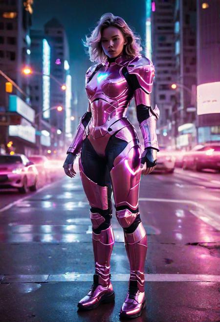 by night woman wearing translucent glowing pink glass armor, holographique armor, standing on a futuristic city street, fighting pose, dramatic light, cinematic grain, electric aura around her, hkstyle, ultra instinct, aura, no weapon, energy sparks