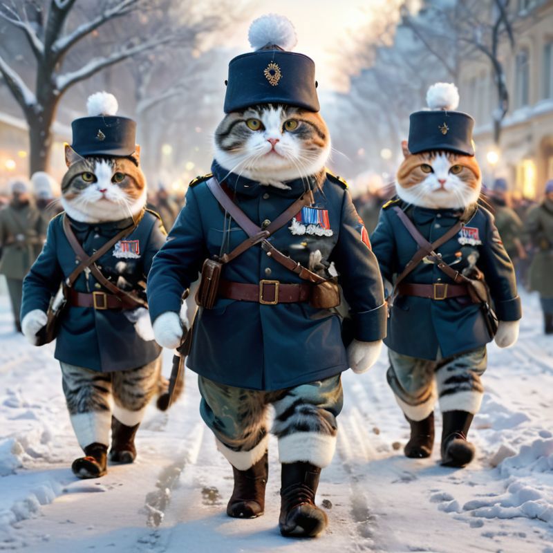 A group of three cats dressed in uniforms and hats, possibly as a tribute to the Three Musketeers, walking down a snowy street.