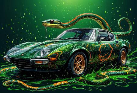 Finely detailed vector illustration, classical sports car, snake, symbiosis, ultra realistic quality, circle symbol, green background, hyperdetailed, intricately detailed,  triadic colors,fantastical,intricate detail,splash screen,complementary colors, fantasy concept art, 8k resolution, masterpiece, oil painting, thick strokes, rich strokes, running drops,