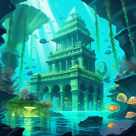 Digital Art Style of a mystical underwater city illuminated by bioluminescent plants and creatures. Merfolk swim gracefully among the coral structures, and in the center, a grand palace made of pearl and seashell shines) Atlantis, underwater fantasy world game art concept art digital painting,<lora:Mythoscape Visions - Digital Art Style of a:1>