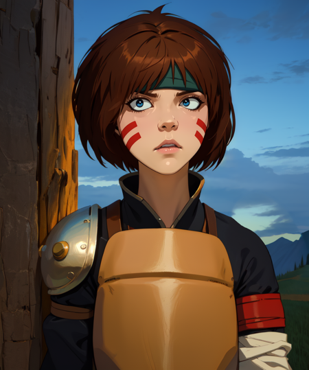 Smellerbee,brown hair,facial mark,black eyes,
headband,white gloves,brown leather breastplate,single shoulder pad,red armband,
standing,upper body,
camp,night,
(insanely detailed, beautiful detailed face,beautiful detailed eyes, masterpiece, best quality),solo,<lora:Smellerbee-10-v9:0.7>,